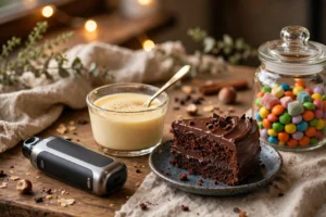 Dessert table with custard, chocolate cake and candy beside a vape device for sweet vape juice indulgence